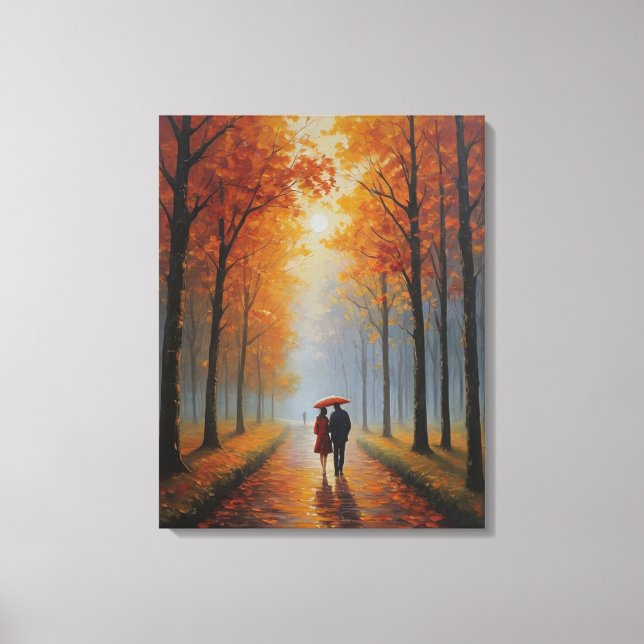 Toile un tableau d'un couple marchant sur un chemin arbo (Recto)