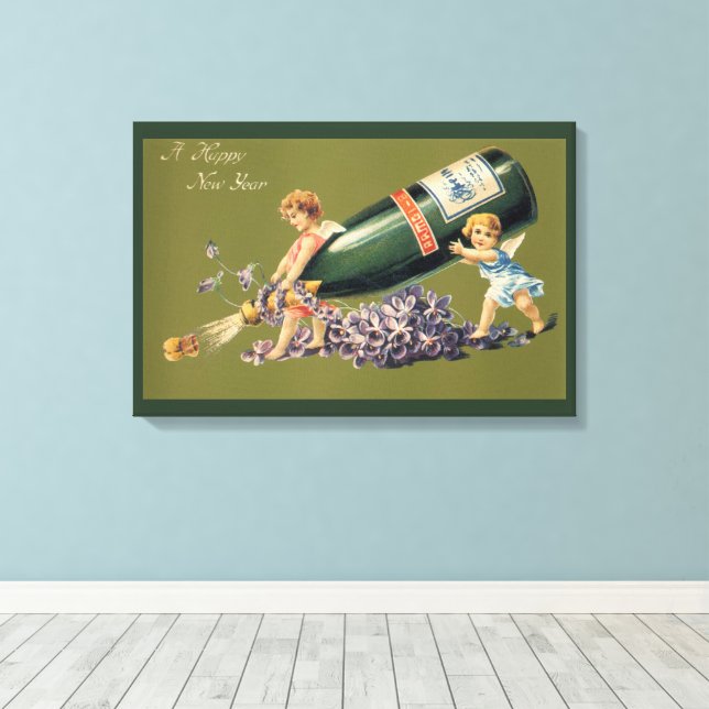 Toile Une Bonne Année, Anges Vintage avec Champagne (Insitu (Plancher de Bois))