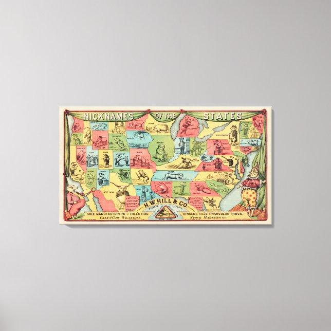 Toile Une Carte Stylisée Des États-Unis Avec Des Surnoms (Recto)