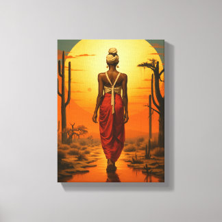 Toile Une femme africaine marche dans le paysage du couc