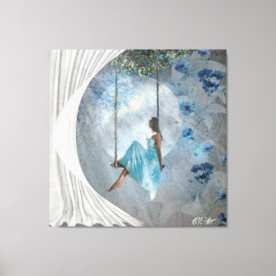Toile Une femme en robe bleue sur un swing