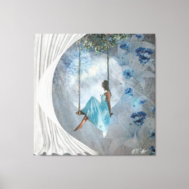 Toile Une femme en robe bleue sur un swing (Recto)