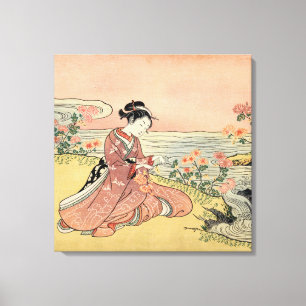 Toile Une femme qui ramasse des chrysanthèmes