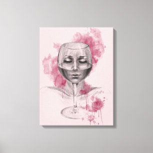 Toile Une femme visage dans le verre de vin dessin surré