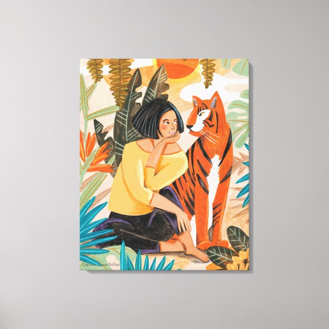 Toile Une fille avec une affiche de la jungle au coucher (Recto)