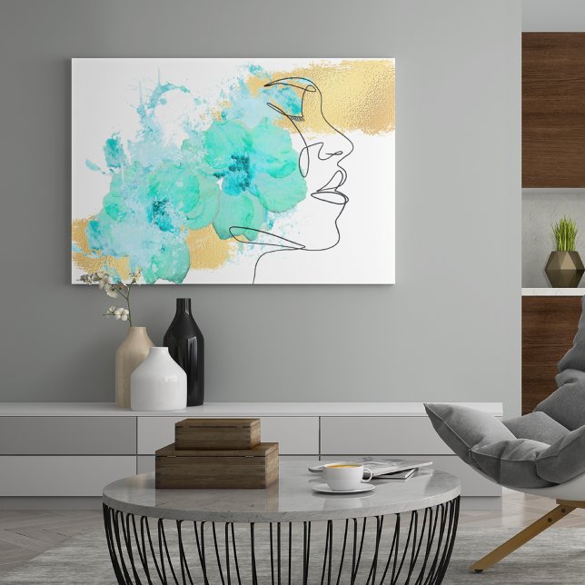 Toile Une ligne art visage avec des taches de fleurs ble (Créateur téléchargé)