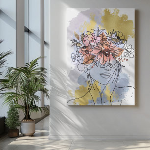 Toile Une ligne d'art visage couronne de fleurs cachant 
