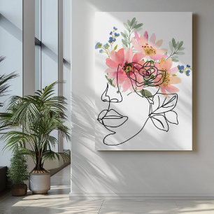 Toile Une ligne face art avec oeil de fleur rose botaniq
