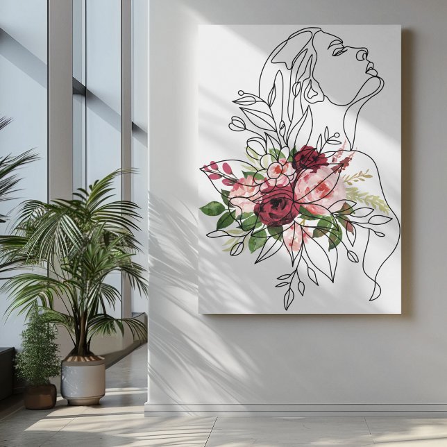 Toile Une ligne fille art avec des fleurs en marron rose (Créateur téléchargé)