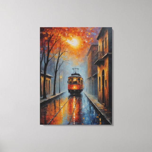 Toile une peinture d'un train dans une rue humide (Recto)