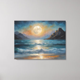 Toile Une pleine lune au-dessus de l'océan avec une mont