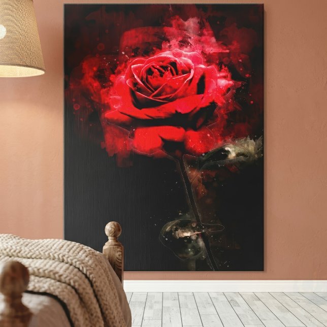 Toile Une rose rouge aquarelle sur fond noir (One Red Rose Watercolor on Black Background. Canvas Print)