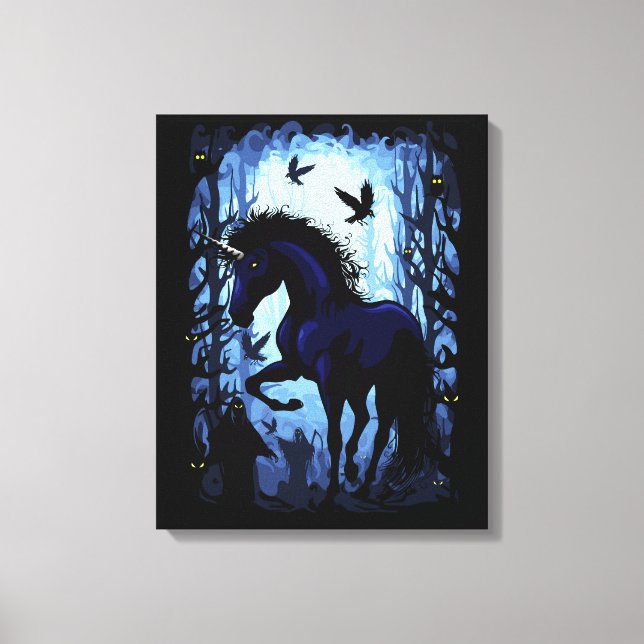 Toile Unicorne Fée magique noire dans la forêt noire (Recto)