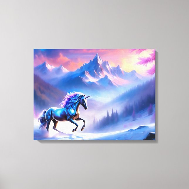 Toile Unicorne noire dans un paysage hivernal rêvé (Recto)
