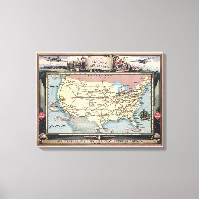 Toile United States Map Ship the Skyway via Air Express (Recto)