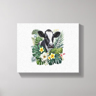 Toile Vache dans la jungle florale, Vache tropicale