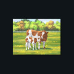 Toile Vache de Guernesey et veau mignon dans les pâturag<br><div class="desc">La race de bétail de Guernesey tire son nom de l'île de Guernesey dans les îles Anglo-Normandes. Il peut aller du brun clair et blanc à un brun rougeâtre et blanc. Ce brun et blanc a souvent un motif de repérage semblable à un Holstein, mais il est brunâtre plutôt que...</div>