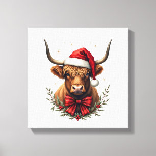 Toile Vache des Highlands de Noël vintage avec chapeau d