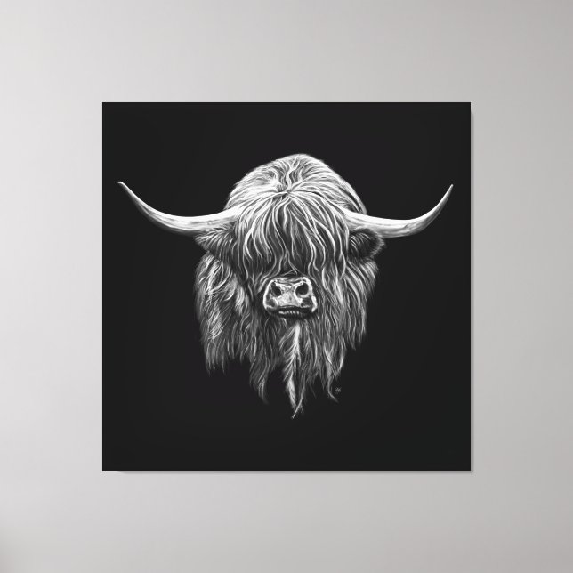 Toile Vache Écossaise Highland En Noir Et Blanc (Recto)