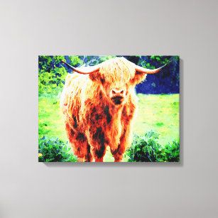 Toile Vache Highland avec cornes aquarelle peinture d'ar