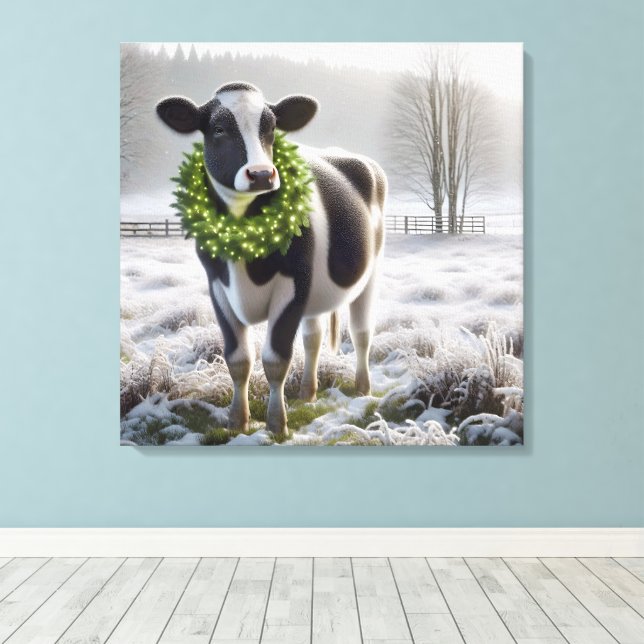 Toile Vache Holstein de Noël portant une couronne (Insitu (Plancher de Bois))