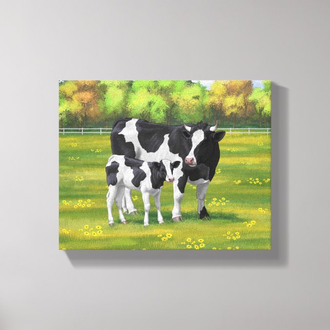 Toile Vache Holstein et veau mignon en pâturage d'été (Recto)