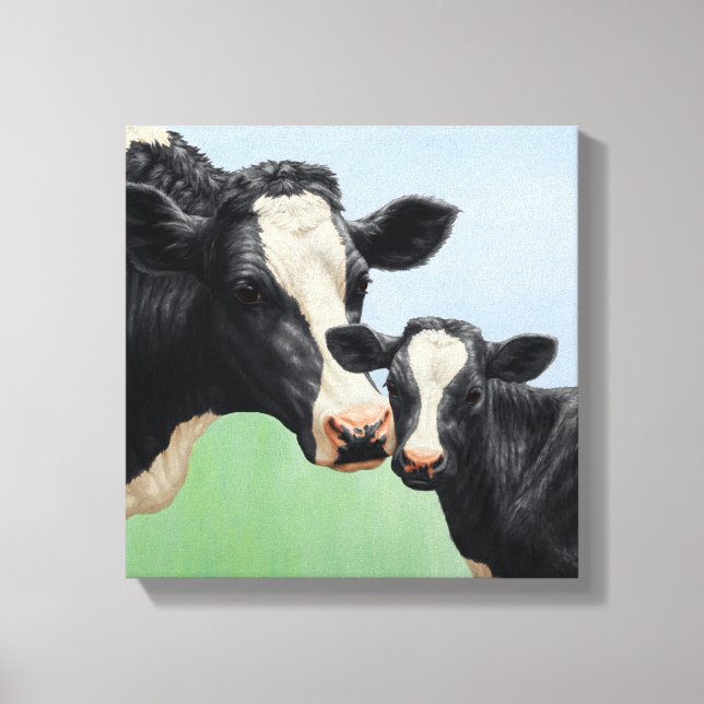 Toile Vache Holstein noire et veau mignon (Recto)