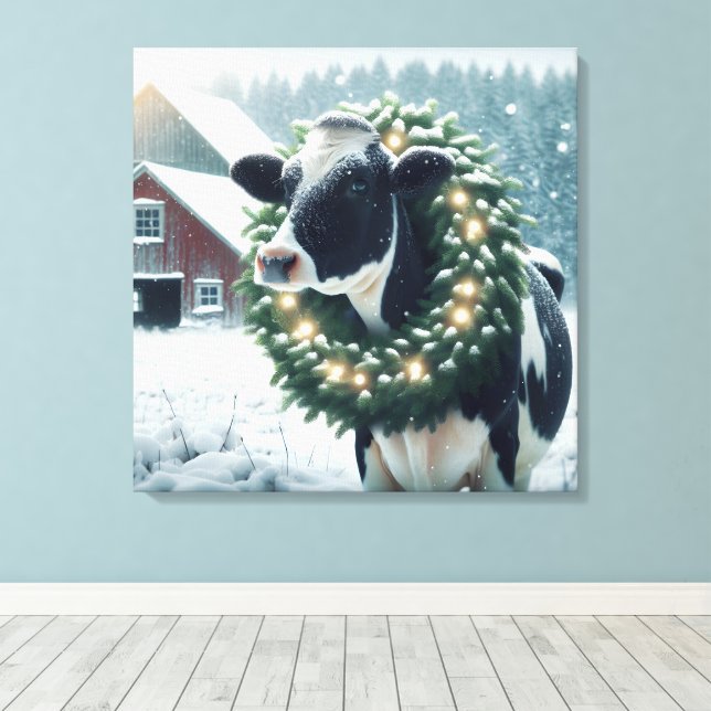 Toile Vache Holstein portant une couronne de Noël (Insitu (Plancher de Bois))