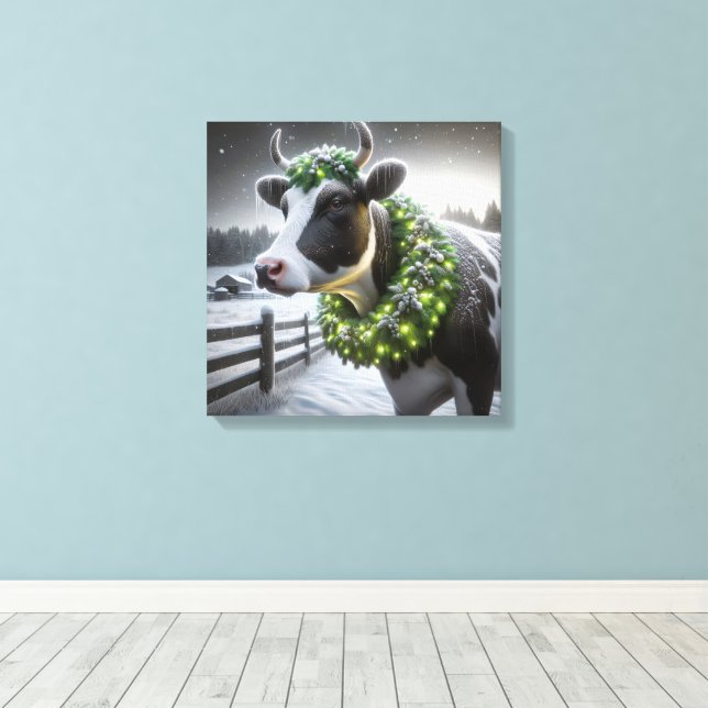 Toile Vache Holstein portant une couronne de Noël (Insitu (Plancher de Bois))