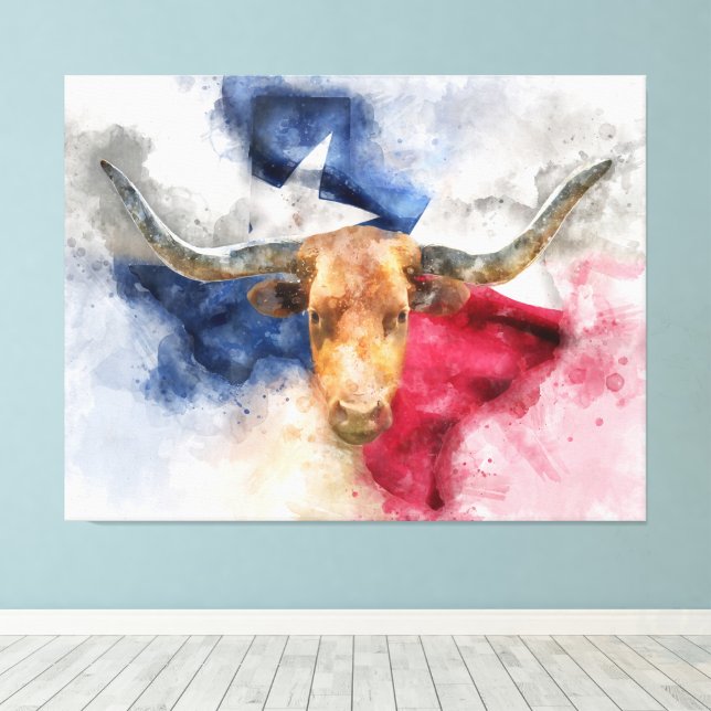 Toile Vache Longhorn avec Texas Drapeau Carte Aquarelle (Insitu (Plancher de Bois))
