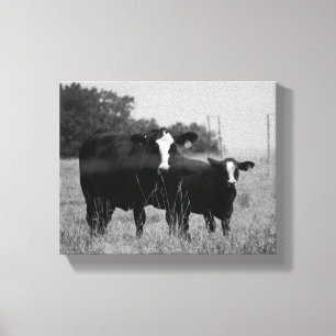 Toile Vache noire et blanche avec son veau 8x10