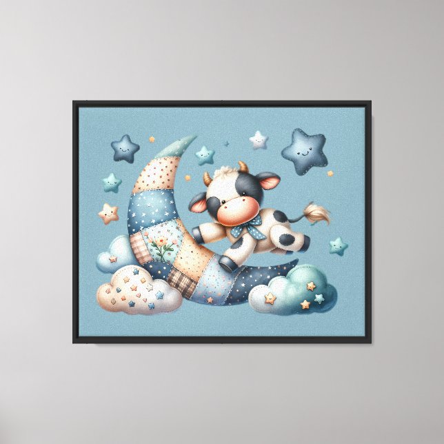 Toile Vache Patchwork Mignonne au-Dessus de la Lune avec (Recto)