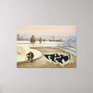 Toile Vaches dans une rivière d'hiver