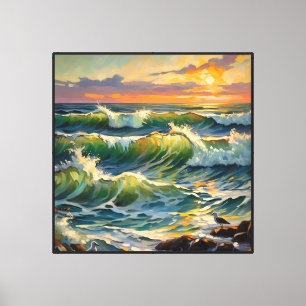 Toile Vagues de coucher de soleil océanique avec mouette