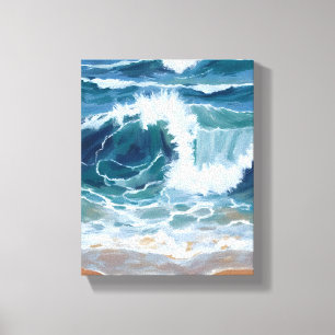 Toile Vagues de l'océan déferlantes   Aquarelle bleue cô