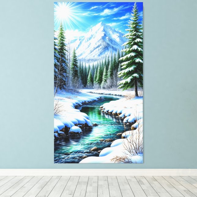 Toile Vallée alpine enneigée avec rivière ensoleillée (Insitu (Plancher de Bois))