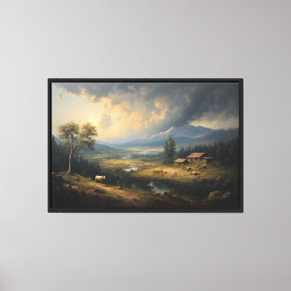 Toile Vallée montagneuse avec chaumière pastorale