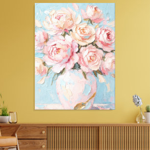Toile Vase de roses roses impasto peinture à l'huile art