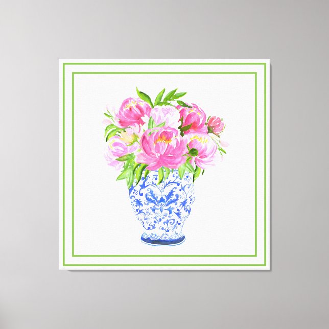 Toile Vase en chinoiserie aux pivoines roses avec bordur (Recto)