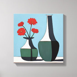 Toile Vases noirs et blancs avec fleurs rouges