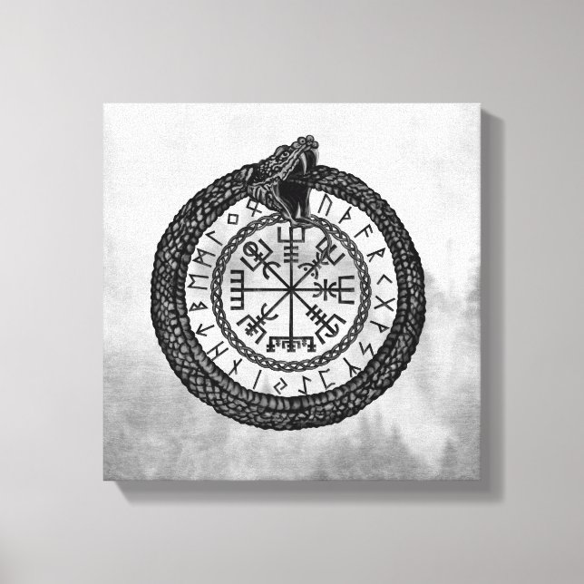 Toile Vegvisir avec Ouroboros et runes - niveaux de gris (Recto)