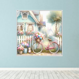Toile Vélo à fleurs roses à la porte du cottage bleu