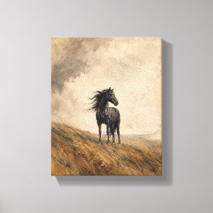 Toile Vent sur le Charbon de Cheval Noir Équestre sur To