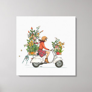 Toile Vespa Scooter, une fille fleurie