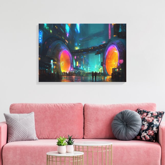 Toile Vibrant Cyberpunk Cityscape with Arches (Insitu(Salon))