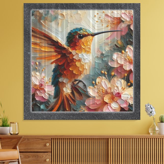 Toile Vibrant Hummingbird & Floral Textured Painting –  (Insitu(Salon))