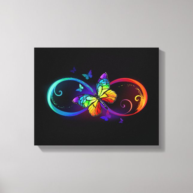 Toile Vibrant infinity with rainbow butterfly on black (Recto)