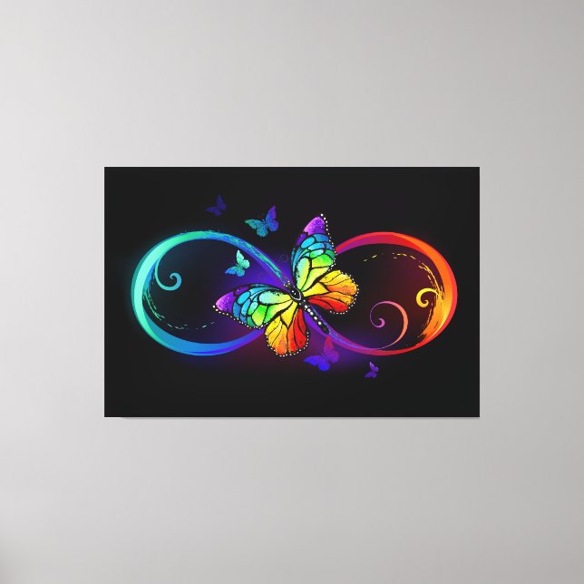 Toile Vibrant infinity with rainbow butterfly on black (Recto)