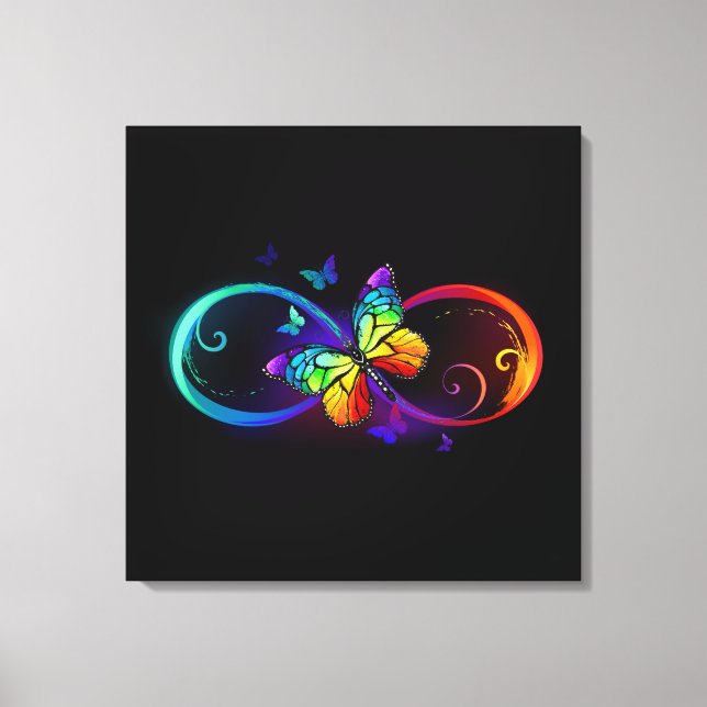 Toile Vibrant infinity with rainbow butterfly on black (Recto)