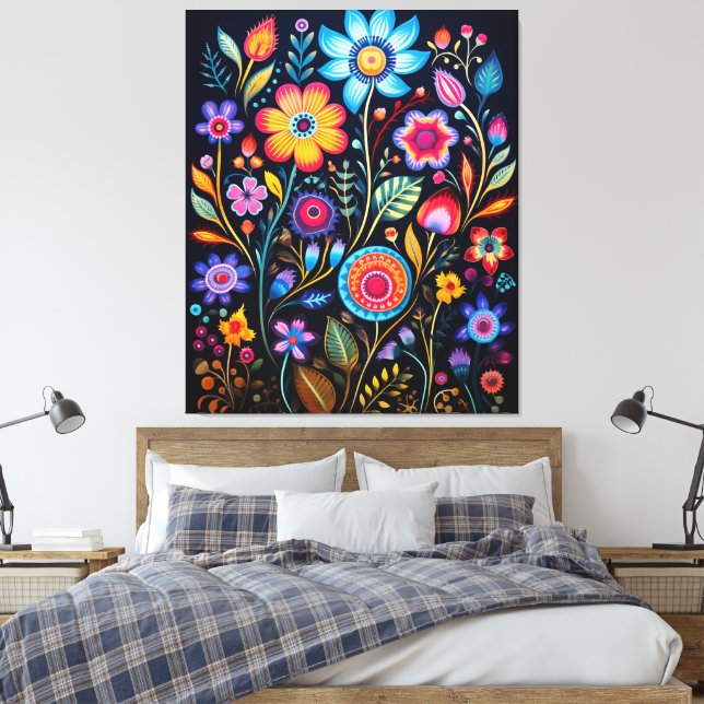 Toile Vibrant Neon Floral Black Background Wood Plaque (Insitu(Chambre))